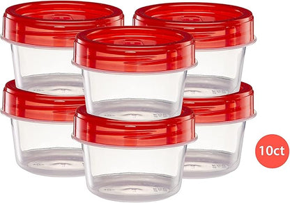 ELEGANT DISPOSABLES (4 Ounce 10 Pack) Twist cap Containers Clear Bottom With Red Top Screw on Lids Twist Top Food Storage Freezer Reusable Containers