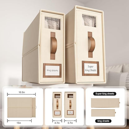 6 Pack Foldable Bed Sheets Set Organizers and Storage(Cal King Size),Linen Fabric Closet Organizers with Window,Folding Bedding Storage Box for Bedsheets and Pillow Cube Organizer-Beige