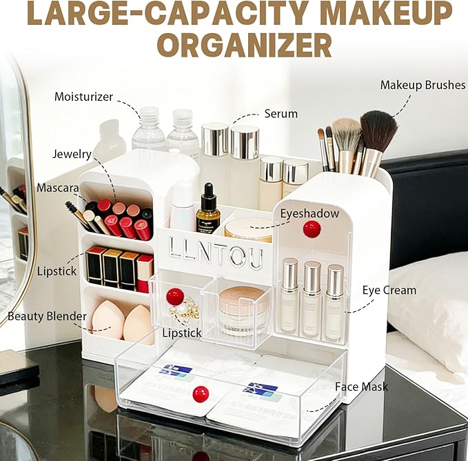 LLNTOU Makeup Organizer for Vanity with Brush Holder, Large Cosmetic & Skincare Organizer Countertop with Muti-Drawers, Cosmetic Display Case for Lipsticks, Nail Polishes, Perfumes, Eyeshadow (white)