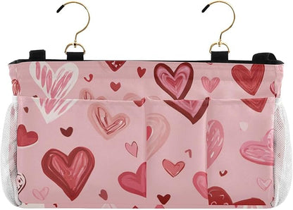 CuwrYet Bedside Caddy Hanging Bunk Bed Caddy Bed Organizer Hanging Pocket with 2 Hooks Bedside Storage Organizer Pocket Bag Holder Pink Cute Hearts