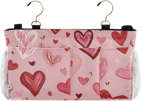 CuwrYet Bedside Caddy Hanging Bunk Bed Caddy Bed Organizer Hanging Pocket with 2 Hooks Bedside Storage Organizer Pocket Bag Holder Pink Cute Hearts