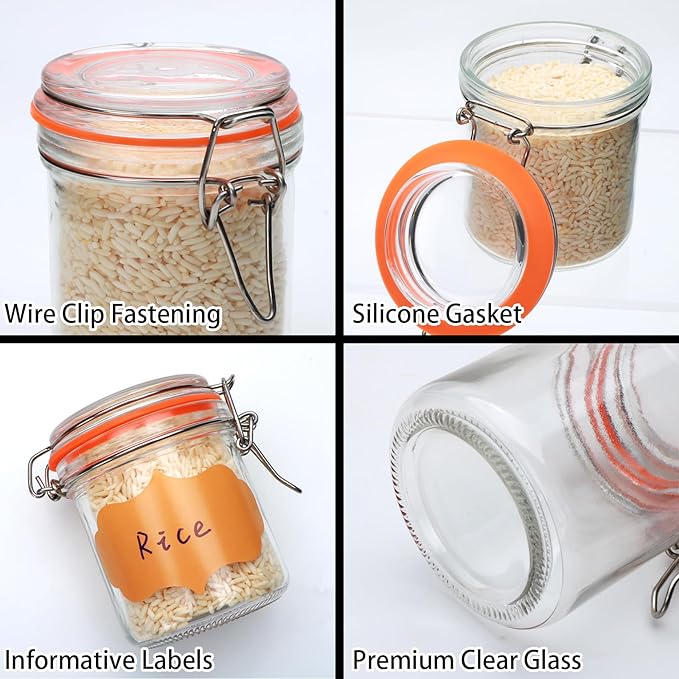 Flrolove 8 oz Small Airtight Glass Jars with Lids,Glass Food Storage Canisters with Lids, Mini Airtight Storage Container for Kitchen Canning, Spice, Honey, Nuts, Snacks, Flour, Set of 6