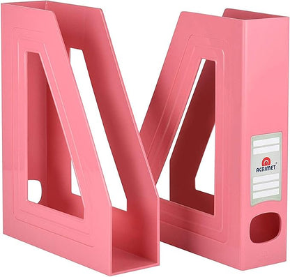 Acrimet Magazine File Holder – Vertical Rack for Documents, Folders and Mail, Durable Plastic Desk Organizer for Office & Home, Solid Pink (2 Pack)