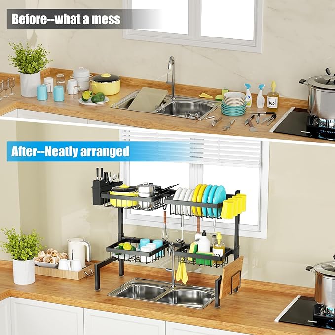 SNSLXH [2-Tier 4 Baskets Over The Sink Dish Drying Rack, 26.57"-35", Large Sink Rack for Kitchen, Extensible and Adjustable, Saving Kitchen Space