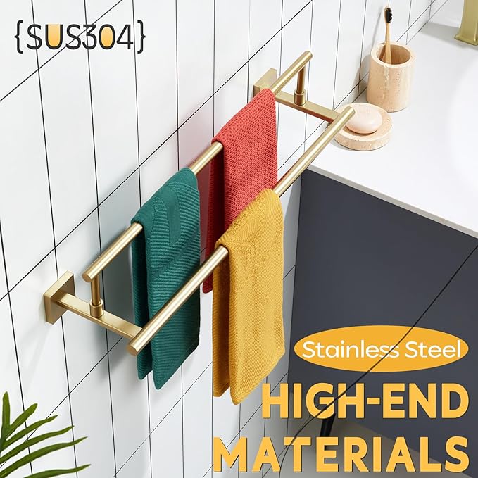 KOKOSIRI 24-Inch Towel Bars Double Bath Towel Rails Bathroom Holder Racks for Cabinet Kitchen Brushed Gold Stainless Steel B5009BG-L24