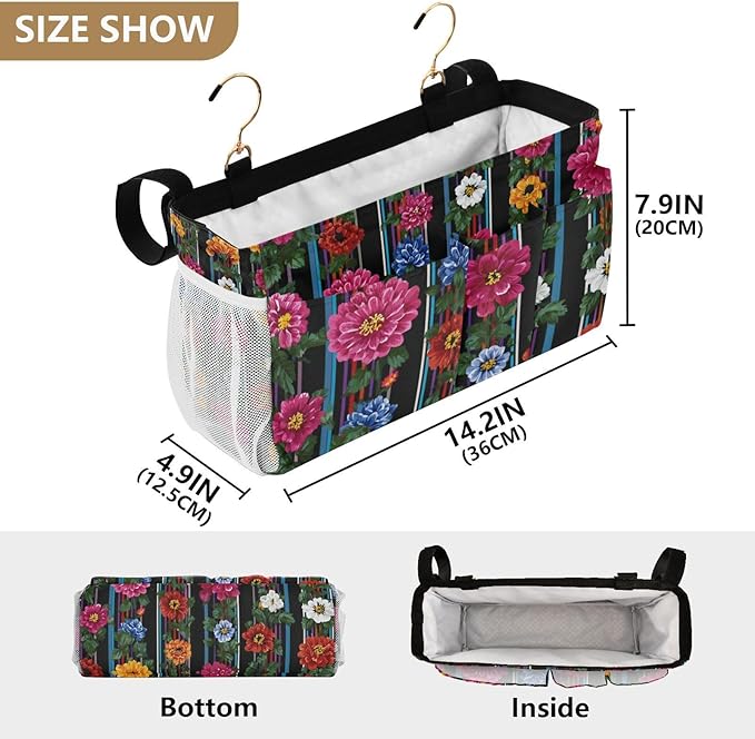 CuwrYet Bedside Caddy Hanging Bunk Bed Caddy Bed Organizer Hanging Pocket with 2 Hooks Bedside Storage Organizer Pocket Bag Holder Mexican Flowers Stripe