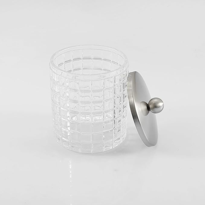 Indecor Home Clear transparent Apothecary Etched Geometric Grid Glass Jar W/Satin Nickel Metal Lid Cover for Bathroom Organization, Cotton Balls, Q Tips, and Small Accessories, Bathroom Storage
