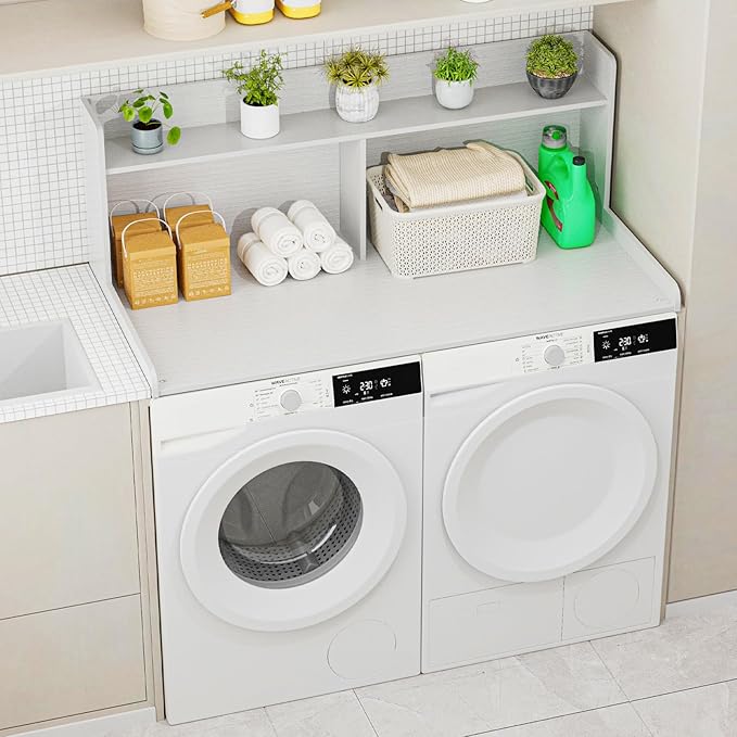 Washer Dryer Countertop with 2 Tier Shelf, 27.5" W × 54" L Laundry Wood Countertop with Edge Rails for Laundry Room Organization and Storage (White)