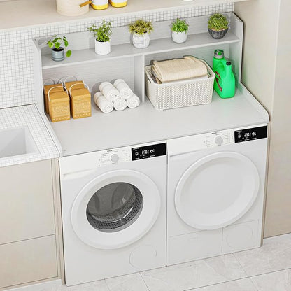Washer Dryer Countertop with 2 Tier Shelf, 27.5" W × 54" L Laundry Wood Countertop with Edge Rails for Laundry Room Organization and Storage (White)