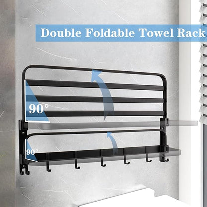 Towel Racks for Bathroom, Foldable Towel Shelf with Towel Bar & 7 Towel Hooks, Rustproof Double Bath Towel Holder Wall Mounted Towel Storage Hanger for Bathroom/Balcony/Lavatory(24In Black)