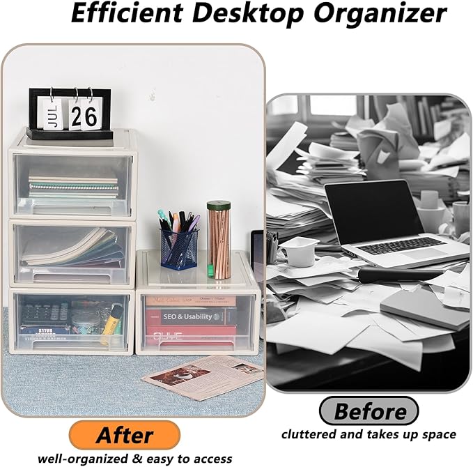 Yesdate 18 Qt. Plastic Desktop Organizer with Clear Drawers, 4-Pack, Stacking Drawers Unit for Closet, Office, Bathroom
