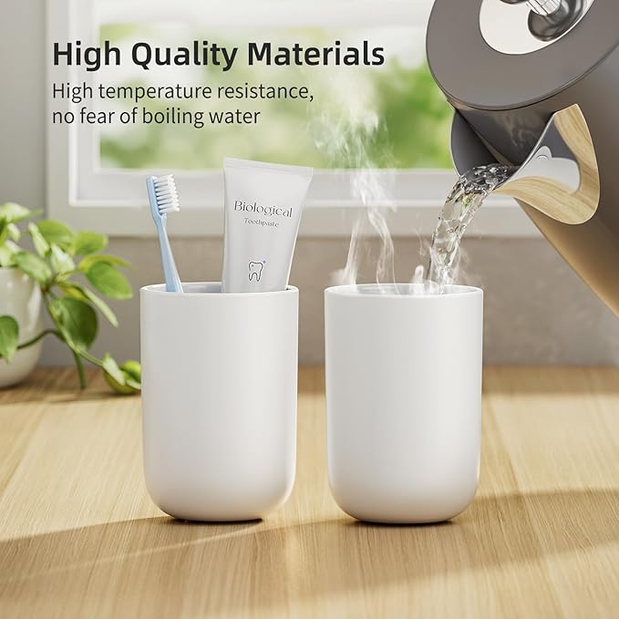 MOPMS Toothbrush Cup 13oz 380ml, Unbreakable Reusable Bathroom Tumbler 2Pcs, Non-Slip Plastic Bathroom Cup Toothbrush Holders for Bathroom White