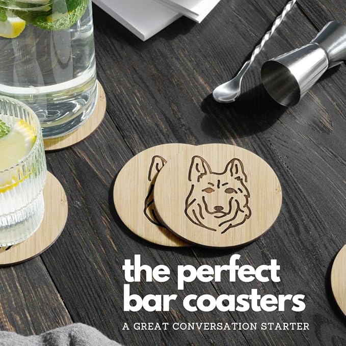 Set of 6 Bamboo Laser-Engraved Fun Dog Coasters with Iron Holder - Gift Packaging 3.9 Inch Non-Stick Absorbent Durable and Unbreakable Wooden Cup Coasters for Dog Lovers (German Shepherd)