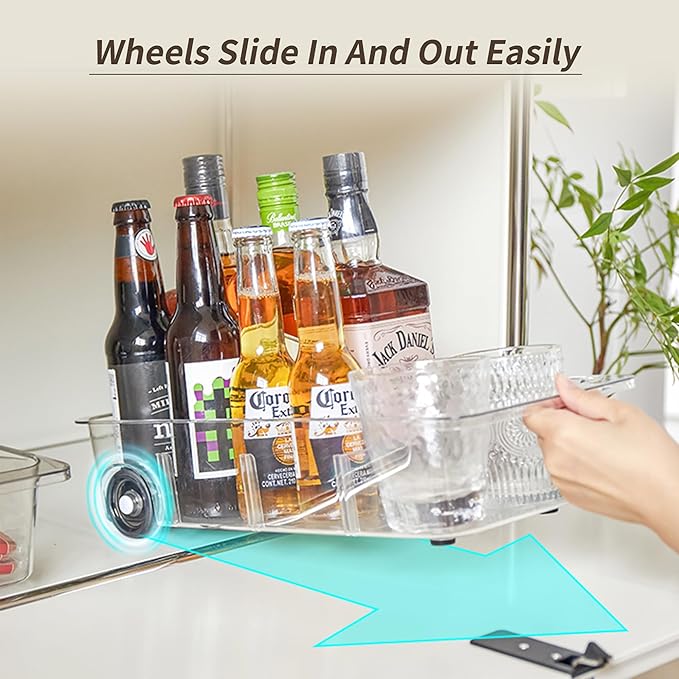 Attelite 3 Pack Fridge Organizer on Wheels,Roll Out Refrigerator Organizers and Storage Clear Design with Dividers,Upgrade Thick Plastic Storage Bins with Wheels, Kitchen Organization