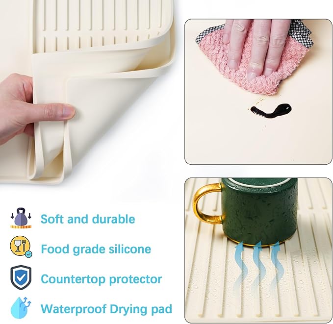 Golener Silicone Coffee Mat Set - 24" x 16" Coffee Bar Mat for Countertop, Kitchen Station Pad Accessories Fit Under Cafe Maker Espresso Machine, Dish Drying Mat, Heat Resistant Kitchen Pad, Beige