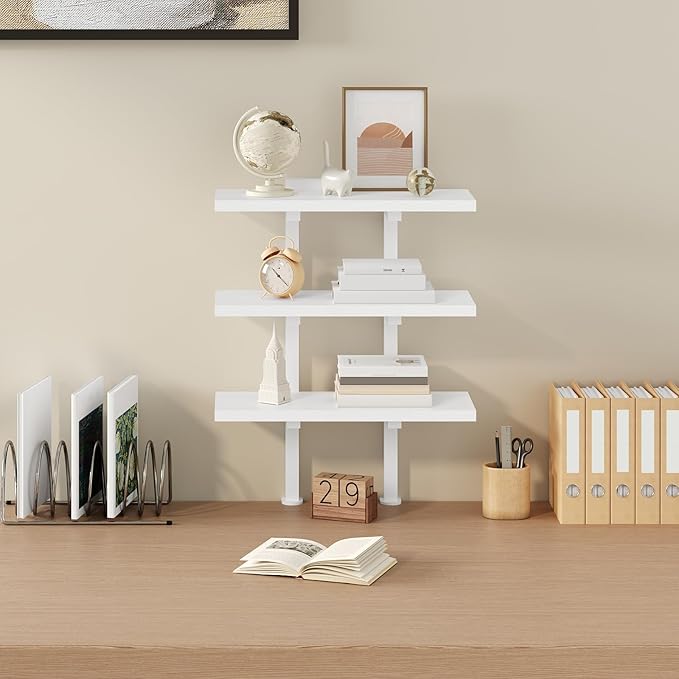 Clamp On Desk Organizer, 3-Tier Desktop Bookshelf, Adjustable Desk Storage Shelf, Metal Frame, for Office, Study and Game Room, White DSWT3601
