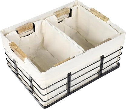 happimess BSK3002A-3SET Callan Vintage Industrial Wire Metal Nesting Storage Baskets with Wood Handles and Fabric Liner for Shelves, Cabinets, Pantry, Countertop, Mesh Open Bin, Black (Set of 3)