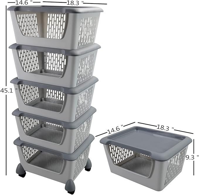 5 Tiers Plastic Stacking Storage Baskets, Kitchen Stackable Storage Bins, Grey