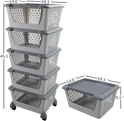 5 Tiers Plastic Stacking Storage Baskets, Kitchen Stackable Storage Bins, Grey