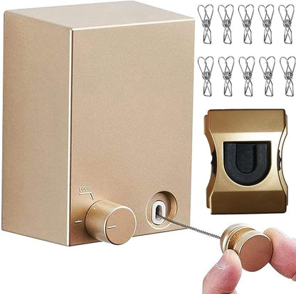 Retractable Clothesline Clothes Line Retracting Outdoor/Indoor, Heavy Duty Stainless Steel Adjustable Drying Rope Wire Dryer with ABS case+Aluminum, Self Adhesive Wall Mount Upgrade Knob Gold