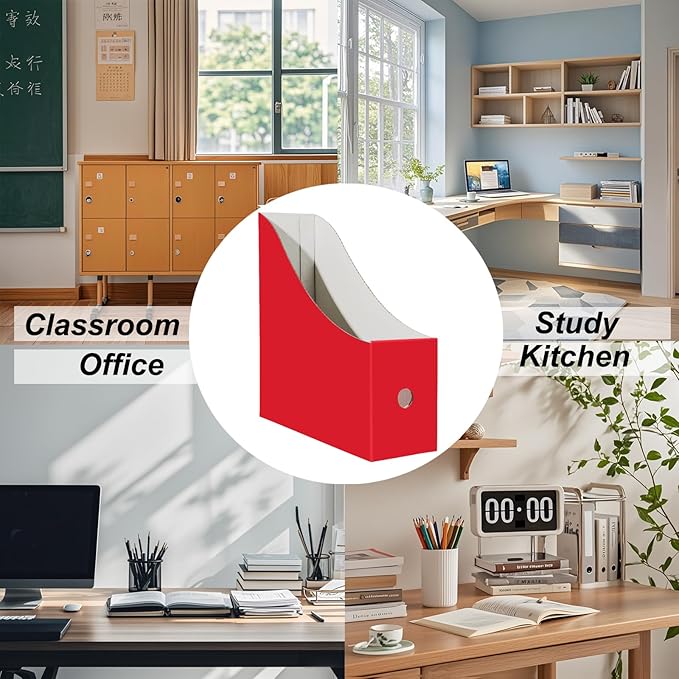 Limitliho Magazine File Folder Holder for Desk, Book Bins for Classroom Library,Office,Home, 10.6" H x 10.2" L x 3.5" W in Cardboard Paper Organizer(Red, 6 Pack)