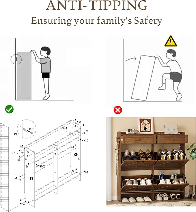Shoe Storage Cabinet for Entryway, Farmhouse Wide Shoe Cabinet with 4 Flip Drawers and 2 Top Drawers, Freestanding Organizer with Adjustable Shelves, Hooks, and Anti-Tip Kit for Hallway