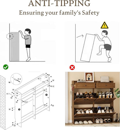 Shoe Storage Cabinet for Entryway, Farmhouse Wide Shoe Cabinet with 4 Flip Drawers and 2 Top Drawers, Freestanding Organizer with Adjustable Shelves, Hooks, and Anti-Tip Kit for Hallway