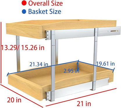 2 Tier Pull Out Cabinet Organizer, 20"W x 21"D Solid Wood Heavy-Duty Base Bottom Assembly Slide out Drawer Shel Cabinet Organization for Kitchen, Pantry, Bathroom