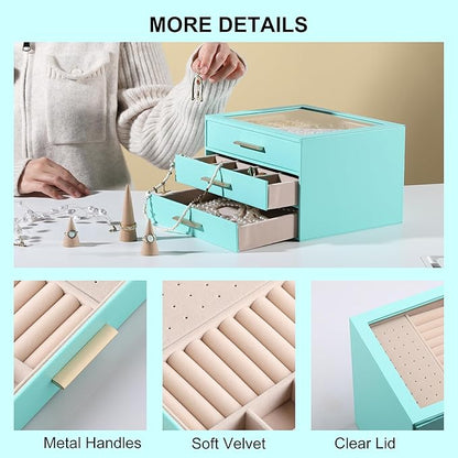Frebeauty Clear Lid Jewelry Box,3-Layer Jewelry Organizer with Drawer,PU Leather Jewelry Organizers and Storage,Jewelry Boxes for Women,Jewelry Storage for Rings Earring Stud,Gift for Women(Turquoise)