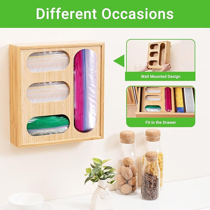 Ziplock Bag Organizer, Bamboo Storage Bag Holder Baggie Organizer for Drawer and Wall Mount, 4 Compartments for Gallon, Quart, Sandwich, Snack Size Bag (2)