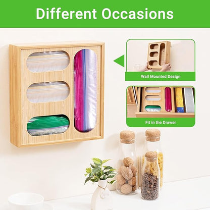 Ziplock Bag Organizer, Bamboo Storage Bag Holder Baggie Organizer for Drawer and Wall Mount, 4 Compartments for Gallon, Quart, Sandwich, Snack Size Bag (2)