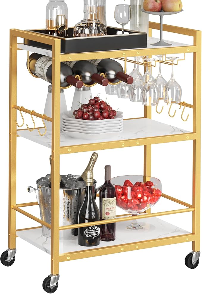 TUTOTAK Bar Cart - Serving Cart for Home - Microwave Cart, Drink Cart, Mobile Kitchen Shelf with Wine Rack and Glass Holder, Rolling Beverage Cart BC01BMG030