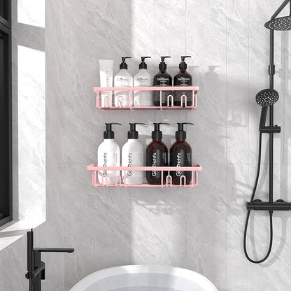 Getsrichfc 2025 New Adhesive Shower Caddy, Shower Shelves with 16 Hooks, Pink 2 Pack