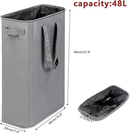 efluky Slim Laundry Basket, Narrow Laundry Hamper with Handles, Collapsible Dirty Clothes Hamper, Tall Laundry Bin for Laundry Room, Dorm and Bedroom, 12.7 Gallons(48L) Grey (Pack of 2)