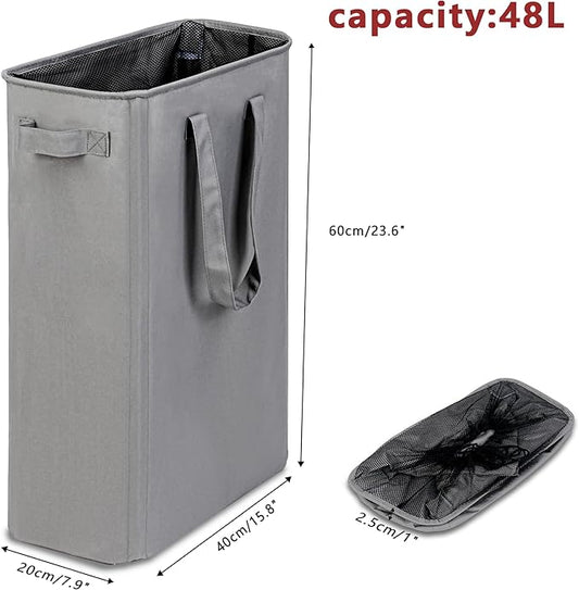 efluky Slim Laundry Basket, Narrow Laundry Hamper with Handles, Collapsible Dirty Clothes Hamper, Tall Laundry Bin for Laundry Room, Dorm and Bedroom, 12.7 Gallons(48L) Grey (Pack of 2)