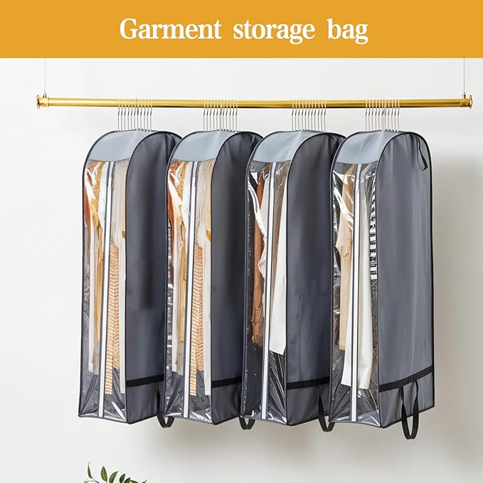 4 Pack 10" Gusseted Garment Bags for Hanging Clothes, 43" Long Suit Bags for Closet Storage with Handles Side Clear Garment Covers with Zipper for Coat, Dress, Jacket, Sweaters, Shirt, Gowns (Grey)