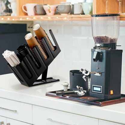 Paper Cup and Lid Holder with Straw Organizer, Disposable Coffee Cup Dispenser for Countertop Coffee Station Bar Restaurant Breakroom, Black
