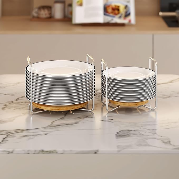 Adjustable Dish Rack for Kitchen Counter - Bamboo Plate Holder Organizer for Cabinet Wooden Bowl Organizer Stainless Steel Plate Stand Storage for Kitchen Drawer Countertop Cupboard Shelf RV