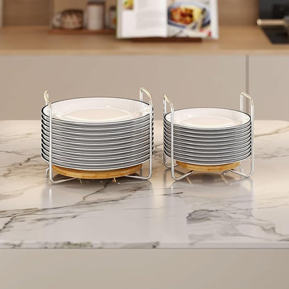 Adjustable Dish Rack for Kitchen Counter - Bamboo Plate Holder Organizer for Cabinet Wooden Bowl Organizer Stainless Steel Plate Stand Storage for Kitchen Drawer Countertop Cupboard Shelf RV