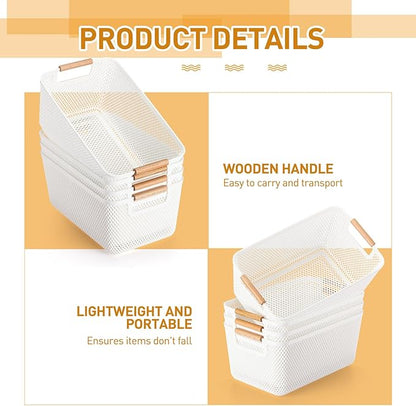 Tioncy 4 Pcs White Mesh Baskets with Wooden Handles Plastic Storage Organizer Baskets Pantry Basket Fruit Vegetables Gathering Basket Bin for Organizing Cabinet Closet Bedroom Kitchen(Large)