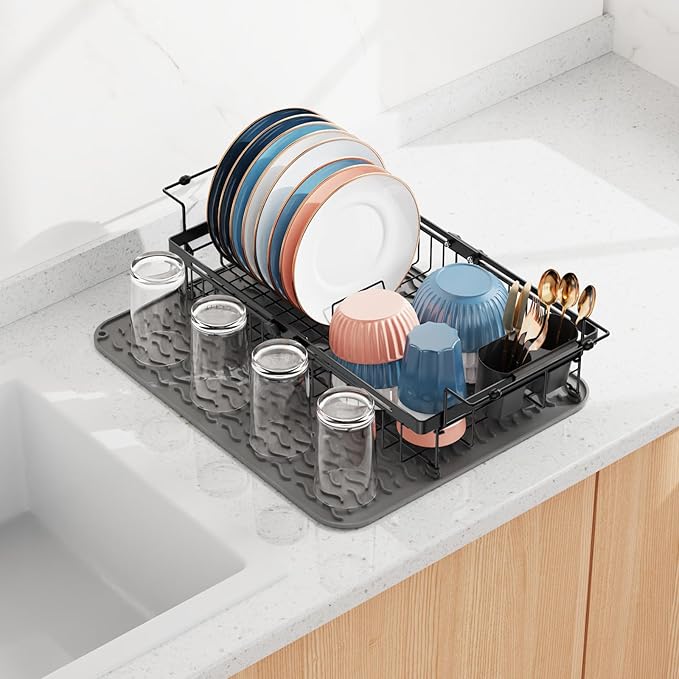 iSPECLE in Sink Dish Drying Rack - Capacity Expandable Over Sink Dish Rack with Mat (15.8"- 20.7"), Dish Drainer for Kitchen Counter with Utensil Holder Large Capacity, Black