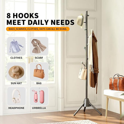 Anti-Tip Coat Rack with 8LB Weighted Base, Heavy Duty Metal Coat Rack Freestanding with 8 Hooks, 3 Adjustable Height Sturdy Clothes Rack Space Saving Organizer Stand for Entryway, Bedroom, Office