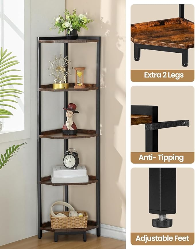 Corner Shelf Stand, Corner Bookshelf, Storage Standing Shelf Unit with Metal Frame, Plant Stand, Corner Bookcase for Living Room, Home Office, Bedroom, 5-Tier Rustic Brown CS05901B