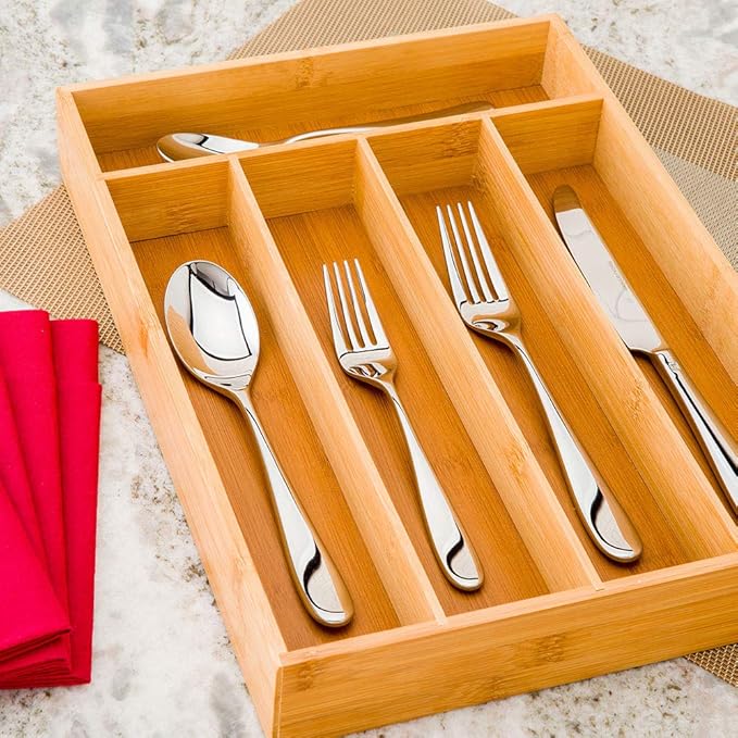 Restaurantware 13 x 10 x 1.9 Inch Silverware Tray 1 Durable Cutlery Tray - 5 Compartments Shatterproof Natural Bamboo Utensil Tray Chip-Resistant For Knives Forks And Spoons