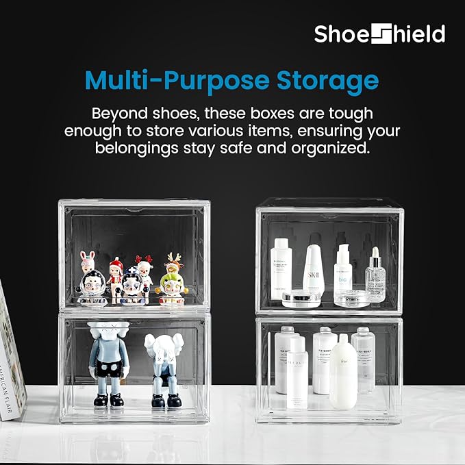 ShoeShield Ultra All Clear Shoe Boxes Plastic Stackable Professional Grade Shoe Display Case with Magnetic Front Drop Door Open Easy Assembly Modern Shoe Sneaker Display Case Fits US Size 14