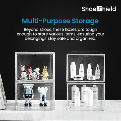 ShoeShield Ultra All Clear Shoe Boxes Plastic Stackable Professional Grade Shoe Display Case with Magnetic Front Drop Door Open Easy Assembly Modern Shoe Sneaker Display Case Fits US Size 14