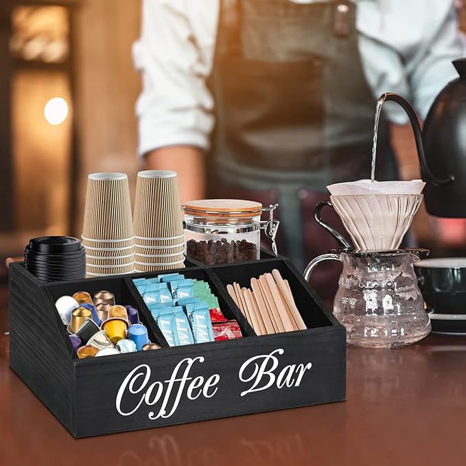ugiftt Coffee Station Organizer for Counter, Wood Coffee Pods Holder Storage Basket, Tea Condiment Storage Organizer, Rustic Bar Decor for Accessories Organizer