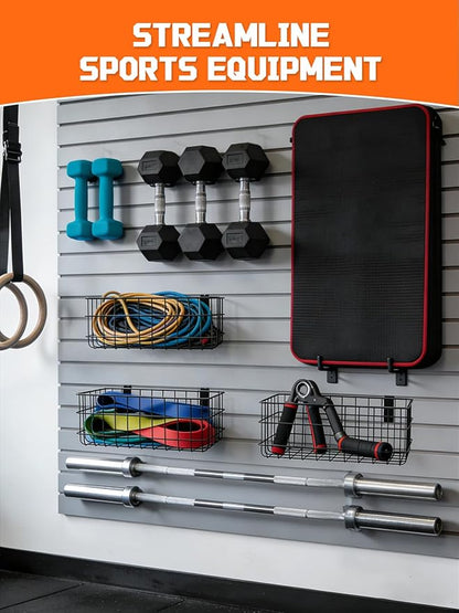 AZUNO 4 Pack Slatwall Baskets Set, Heavy Duty Metal Slat Wall Accessories Wire Baskets, Hanging Storage Organizer for Garage, Shop, Retail Display, Fits Standard Slatwall Panels