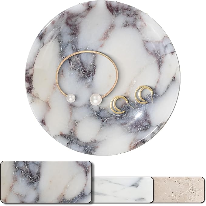 Amaauto Real Travertine Jewelry Dish, 5.5" Marble Tray, Trinket Dish for Ring Earring, Gift for Woman (Calacatta Viola)