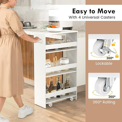 LOKO 4-Tier Rolling Storage Cart, 8 Inches Slim Kitchen Cart on Wheels with Open Shelves & Handle, Laundry Room Cart Between Washer and Dryer, for Narrow Space Bathroom Next to Fridge (White)